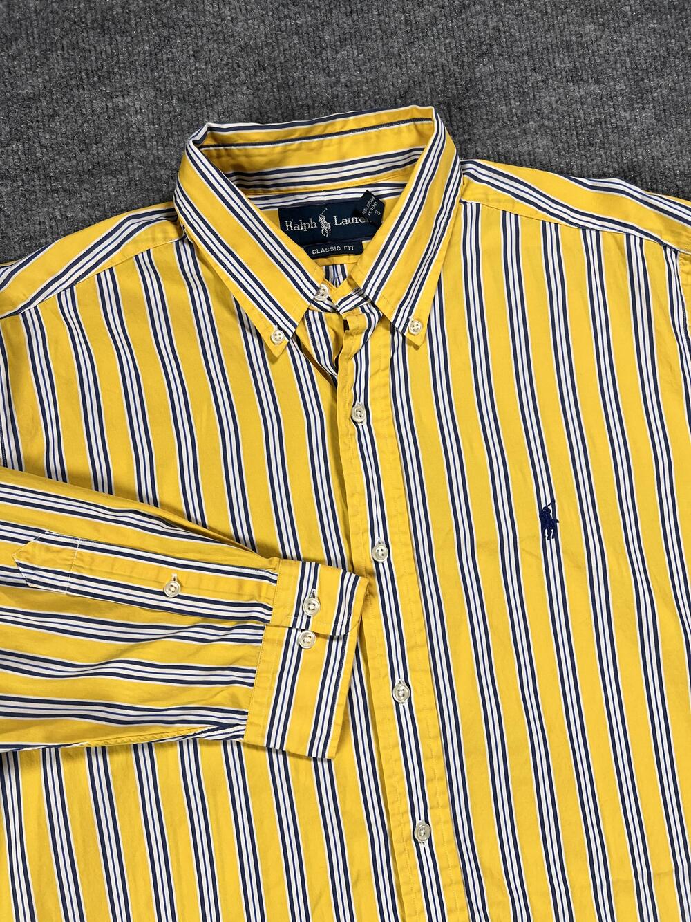 Ralph Lauren Shirt Striped Yellow Blue Cotton Button Up Long Sleeve Mens Large